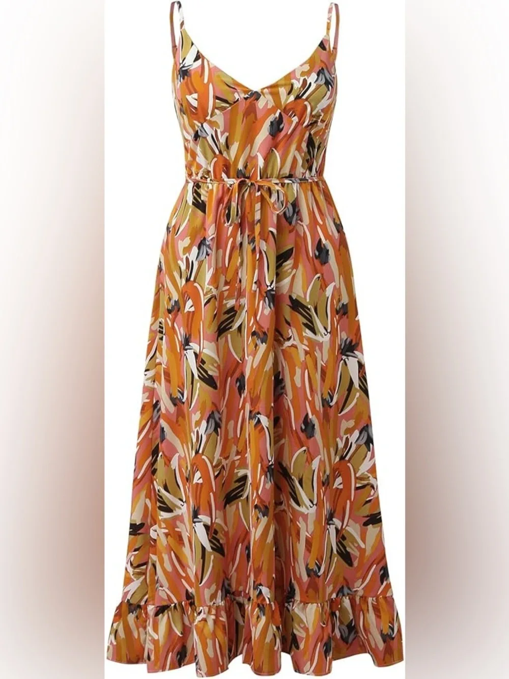Hello Molly Orange Multi-Print Ruffle Hem Midi Dress